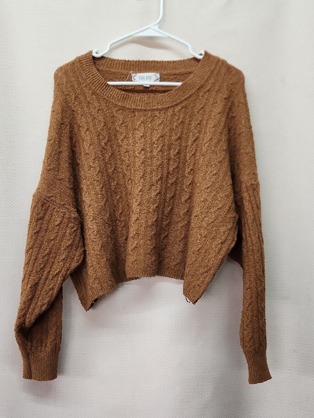 Pink Rose Cropped Cable Knit Sweater - Camel Brown